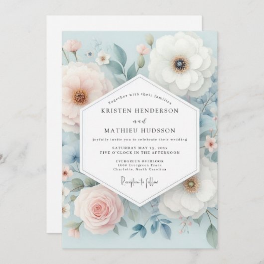 Pale Blue Floral Whimsy Wedding 招待状 (正面/裏面)