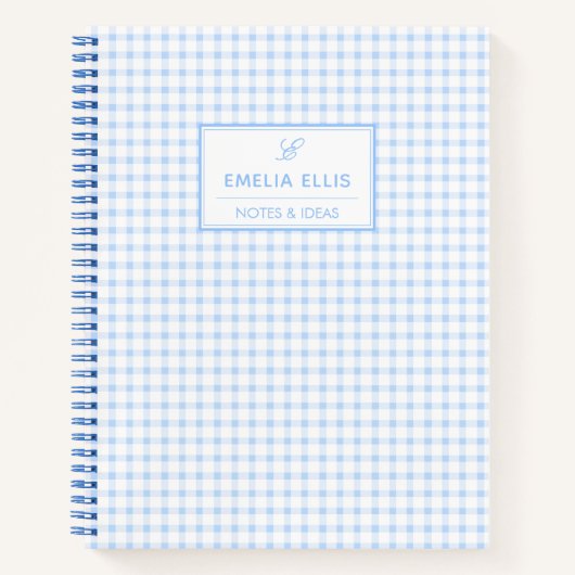 Pale Blue Gingham Grandmillennial  Monogram Name ノートブック (正面)