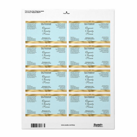 Pale Blue & Gold Cosmetics Dropper Bottle Label ラベル (フルシート)