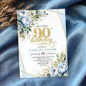 Pale blue gold floral blend fancy 90th birthday  招待状