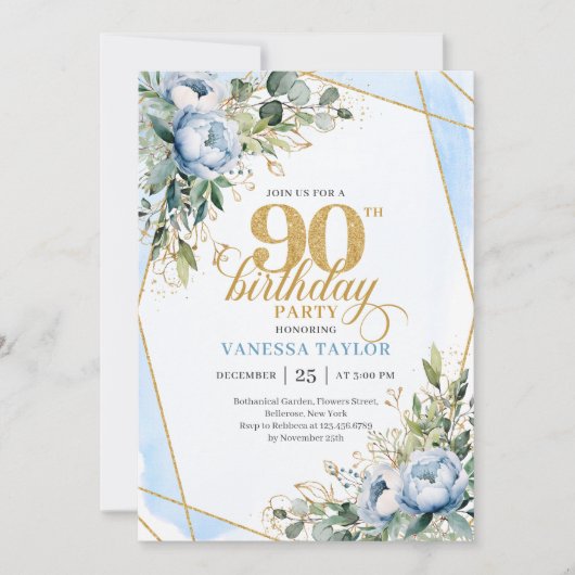 Pale blue gold floral blend fancy 90th birthday  招待状 (正面)