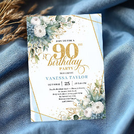 Pale blue gold leaves soft chic 90th birthday  招待状