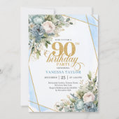 Pale blue gold wreath elegance 90th birthday 招待状 (正面)