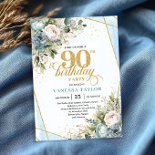 Pale blue gold wreath elegance 90th birthday  招待状