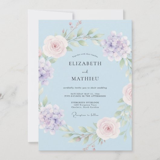 Pale Blue Graceful Botanical Wedding 招待状 (正面)