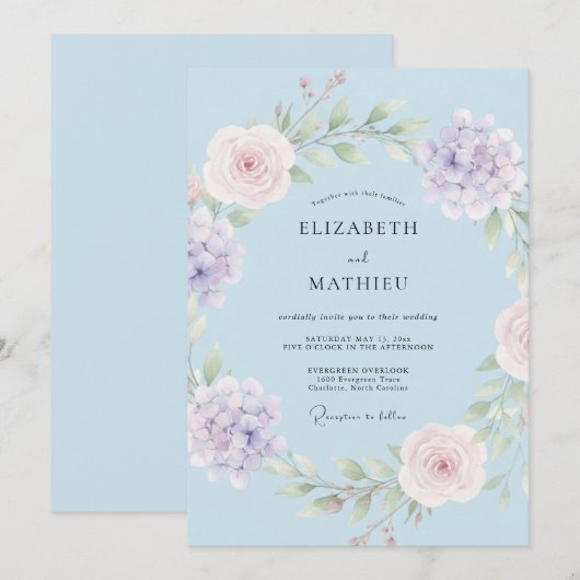 Pale Blue Graceful Botanical Wedding 招待状 (正面/裏面)