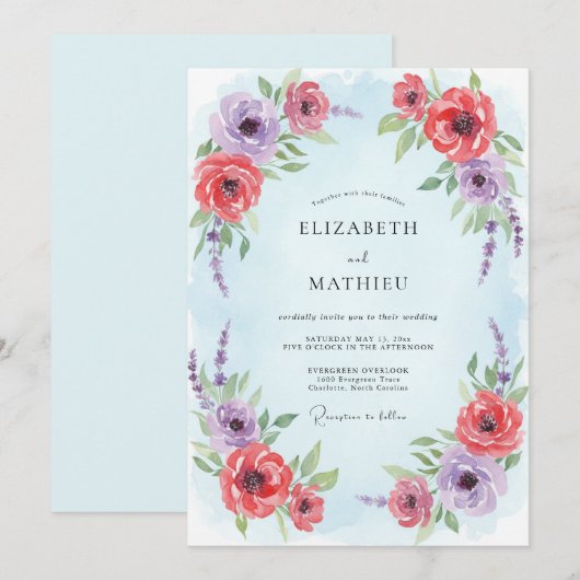 Pale Blue Illustrative Spring Wedding 招待状 (正面/裏面)