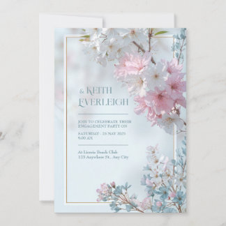 Pale Blue Misty Romantic Sakura Gold Frame Wedding 招待状
