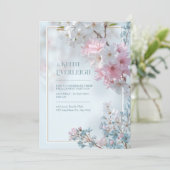 Pale Blue Misty Romantic Sakura Gold Frame Wedding 招待状 (スタンド正面)
