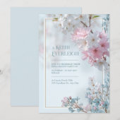 Pale Blue Misty Romantic Sakura Gold Frame Wedding 招待状 (正面/裏面)