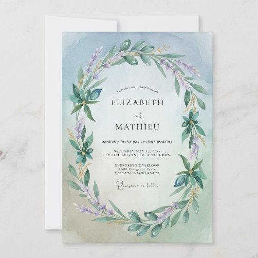 Pale Blue Verdant Flourish Wedding 招待状 (正面)