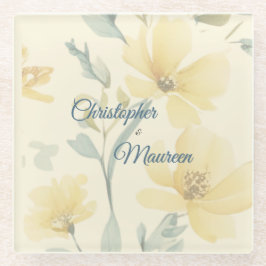 Pale Butter Yellow Soft Blue Floral Wedding ガラスコースター