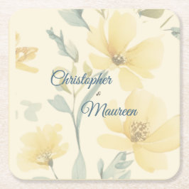 Pale Butter Yellow Soft Blue Floral Wedding スクエアペーパーコースター
