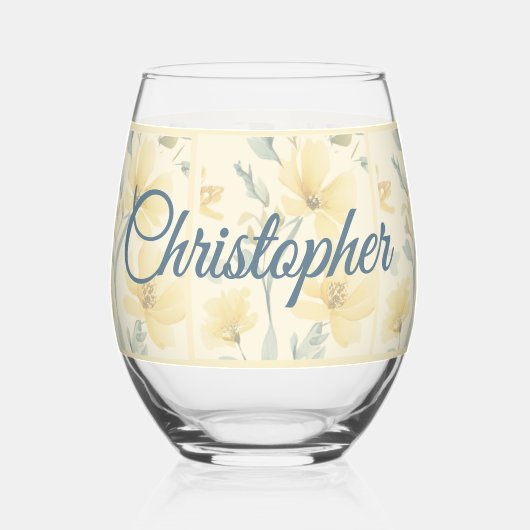 Pale Butter Yellow Soft Blue Floral Wedding ステムなしワイングラス (正面)