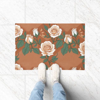 Pale Green And Cream Roses On A Warm Terracotta ドアマット