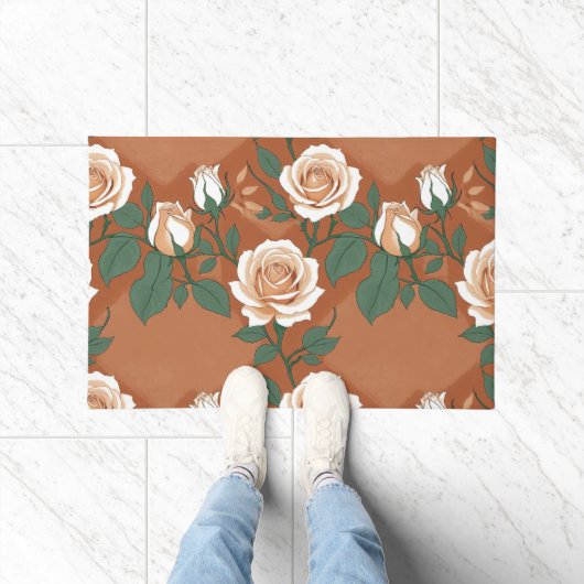 Pale Green And Cream Roses On A Warm Terracotta  ドアマット (室内)