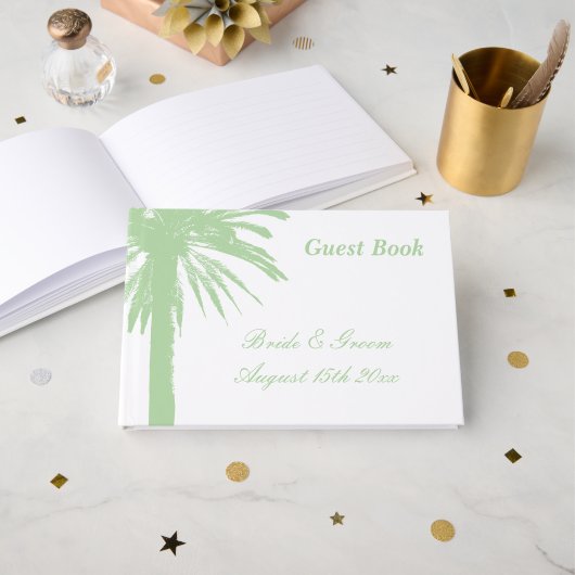 Pale green beach wedding palm tree logo ゲストブック (正面見開き)