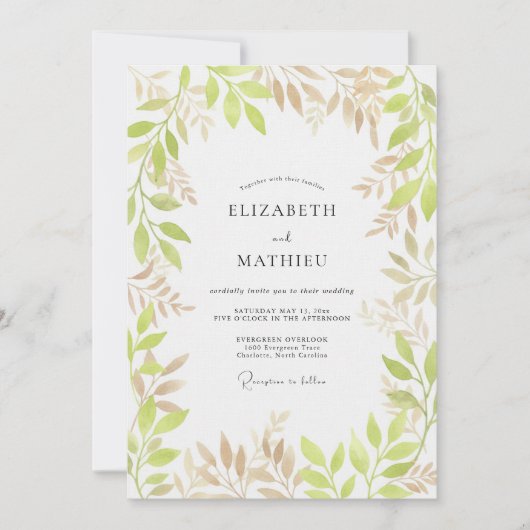 Pale Green Botanical Flourish Wedding 招待状 (正面)