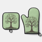🌳 Pale Green Tree of Life Oven Mitt & Pot Holder  鍋つかみ&鍋敷きセット (正面)