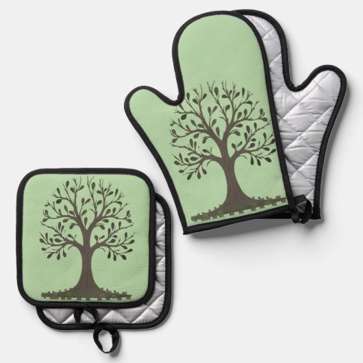 🌳 Pale Green Tree of Life Oven Mitt & Pot Holder  鍋つかみ&鍋敷きセット (正面/裏面)