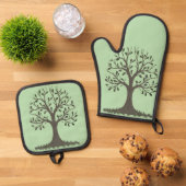 🌳 Pale Green Tree of Life Oven Mitt & Pot Holder  鍋つかみ&鍋敷きセット (トップダウン)