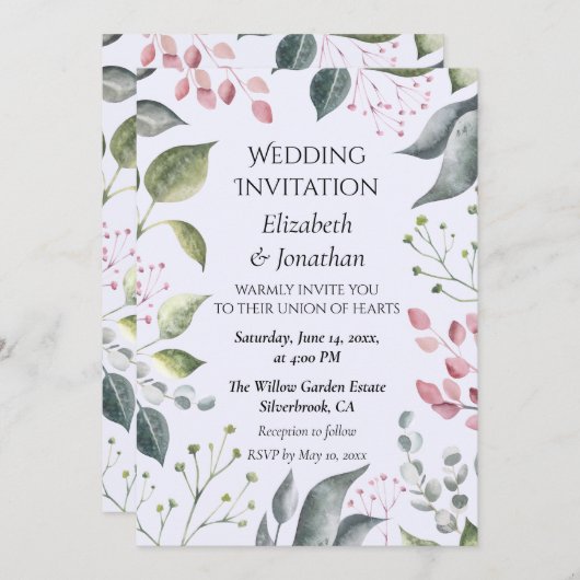 Pale Grey & Red Leaves Custom Wedding Invitation (正面/裏面)