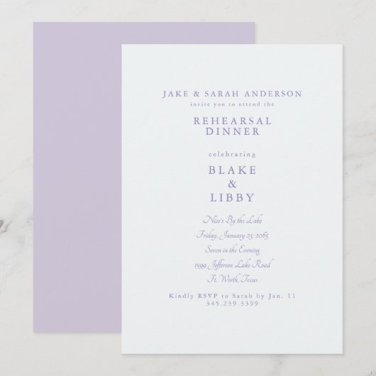  Pale Lavender Rehearsal Dinner 招待状 (正面/裏面)