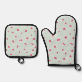 Pale Mint Japanese Red Plum Blossom Floral Pattern 鍋つかみ&鍋敷きセット