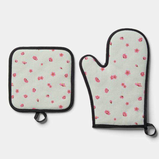 Pale Mint Japanese Red Plum Blossom Floral Pattern 鍋つかみ&鍋敷きセット (正面)