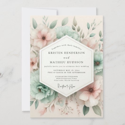 Pale Pink Botanical Bloom Wedding 招待状 (正面)