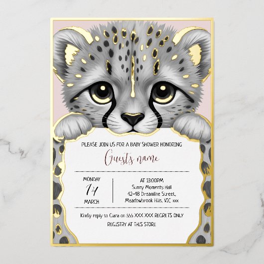 Pale Pink Cub Baby Shower 箔招待状 (正面)