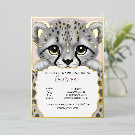 Pale Pink Cub Baby Shower 箔招待状 (立ち正面)