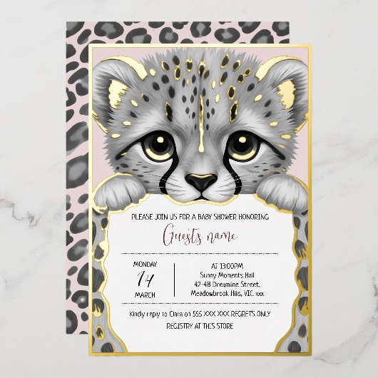 Pale Pink Cub Baby Shower 箔招待状 (正面/裏面)