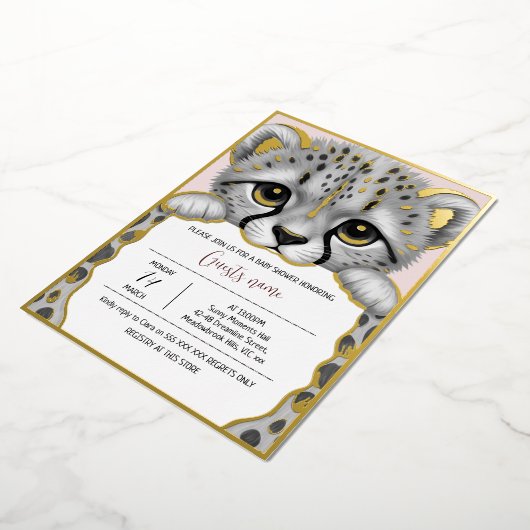 Pale Pink Cub Baby Shower 箔招待状 (回転した状態)