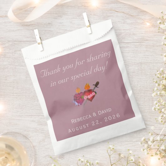 Pale-Pink & Dusty-Rose Two Hearts Catholic Wedding フェイバーバッグ (クリップ留めされた状態)