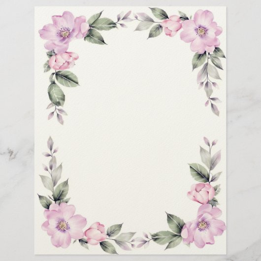 Pale Pink Floral Border Stationery Paper レターヘッド (正面)