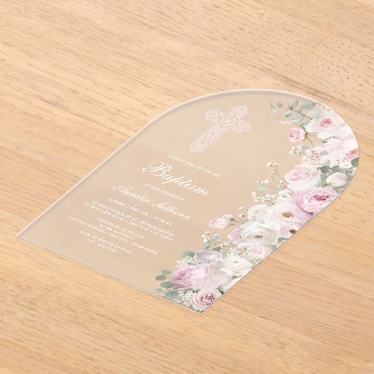 Pale Pink Flowers Arch Baptism Frosted アクリル招待状 (レイダウン)