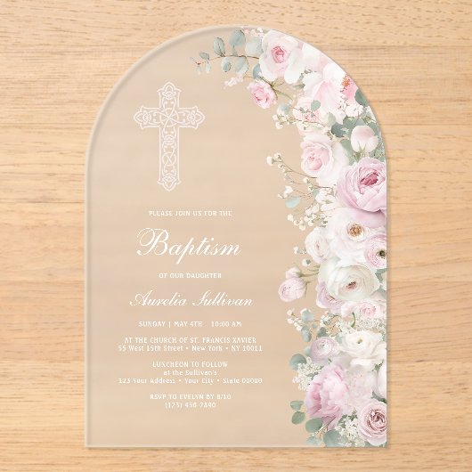 Pale Pink Flowers Arch Baptism Frosted アクリル招待状 (正面)