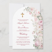 Pale Pink Flowers Arch Religious Wedding 招待状 (正面)