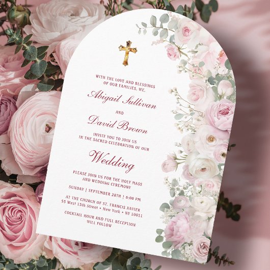 Pale Pink Flowers Arch Religious Wedding 招待状