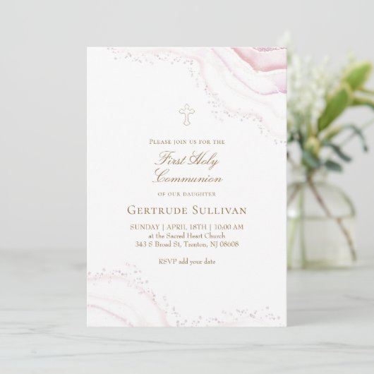 pale pink marble First Holy Communion 招待状 (スタンド正面)