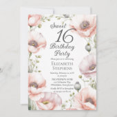 Pale Pink Poppies Floral Sweet 16 Birthday Party 招待状 (正面)