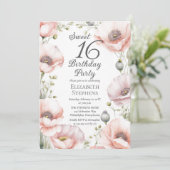 Pale Pink Poppies Floral Sweet 16 Birthday Party 招待状 (スタンド正面)
