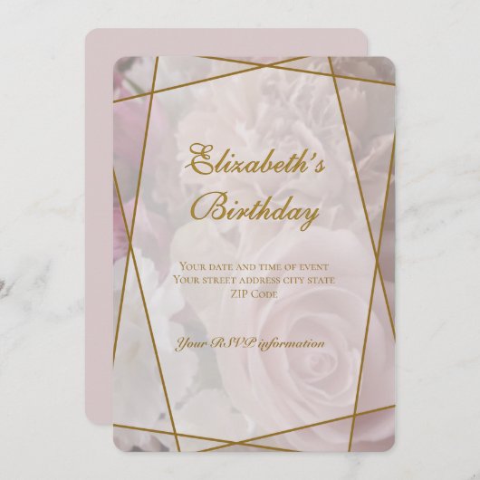 Pale Pink Rose Birthday Invitation Card サンキューカード (正面/裏面)