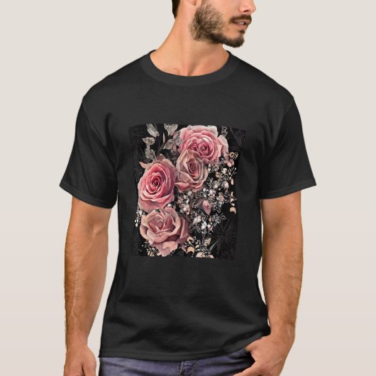 Pale Pink Roses with Delicate Vines Rustic Floral Tシャツ (正面)
