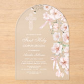 Pale Pink Wildflowers and Bows First Communion アクリル招待状 (正面)
