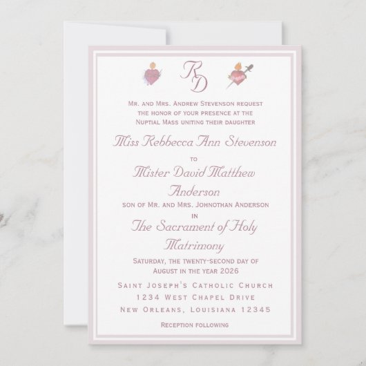 Pale PinkTwo Hearts Catholic Wedding Invitation 招待状 (正面)