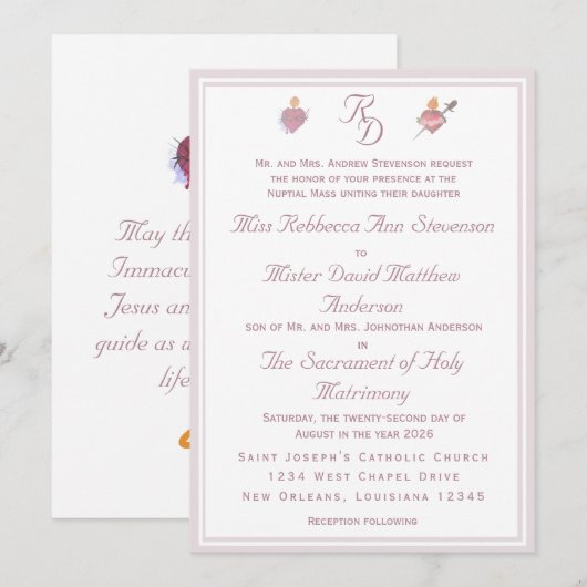 Pale PinkTwo Hearts Catholic Wedding Invitation 招待状 (正面/裏面)