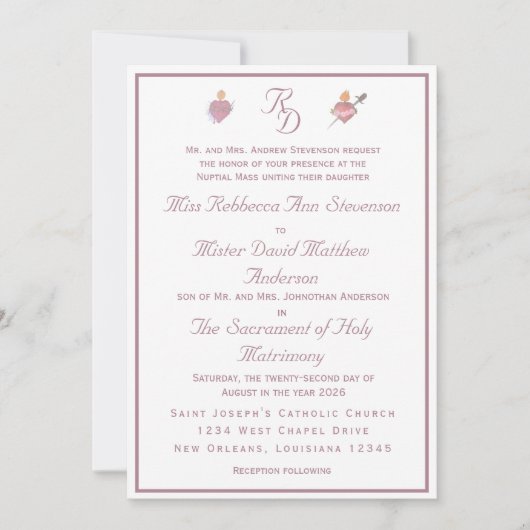 Pale PinkTwo Hearts Catholic Wedding Invitation 招待状 (正面)