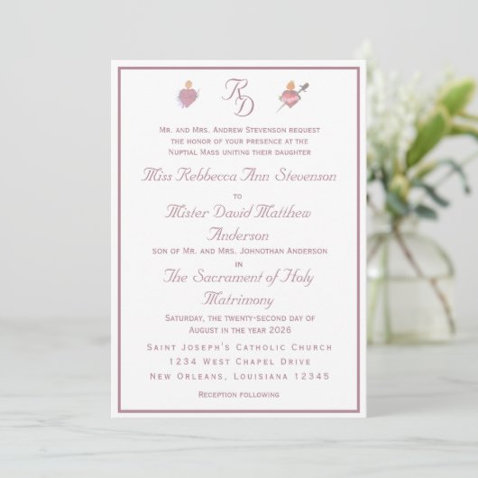 Pale PinkTwo Hearts Catholic Wedding Invitation 招待状 (スタンド正面)
